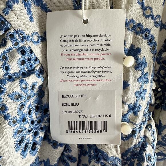 Sezane South Blouse Embroidered Floral Eyelet 
Blouse Summer French Blouse US 6 - Picture 6 of 14